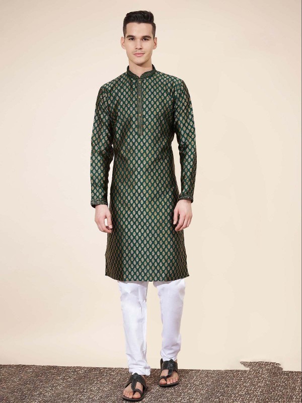 Dark Green Jacquard Silk Readymade Kurta Pajama